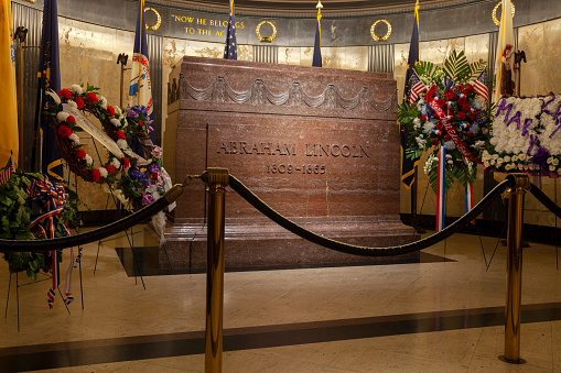 SPRINGFIELD, IL, USA - JULY 20, 2022: Tomb of Abraham Lincoln, 16th President of the United States, at Oak Ridge Cemetery in Springfield, Illinois.
