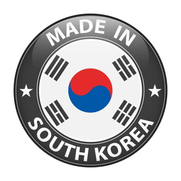한국 배지 벡터로 제작되었습니다. 별과 국기가있는 스티커. 흰색 배경에 고립 된 표지판. - made in korea stock illustrations