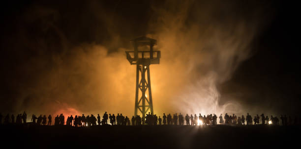 istock Creative artwork decoration war on Ukraine. Crowd looking on giant explosion and attacking soldiers. 1415063164