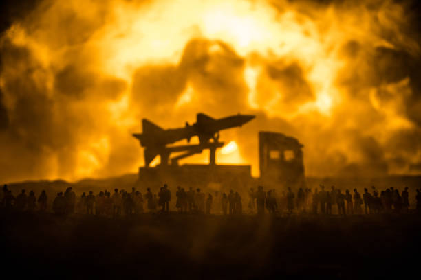 istock Creative artwork decoration war on Ukraine. Crowd looking on giant explosion and attacking soldiers. 1415063171