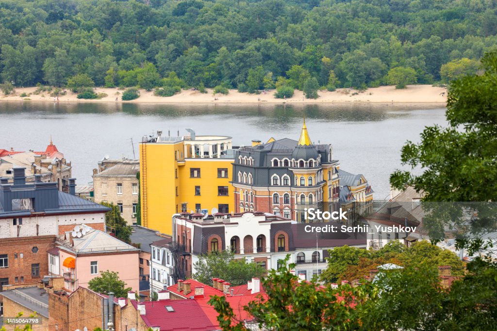 beautiful view of summer Kiev. Roofs of Podol and a view of the left bank Coastline Stock Photo