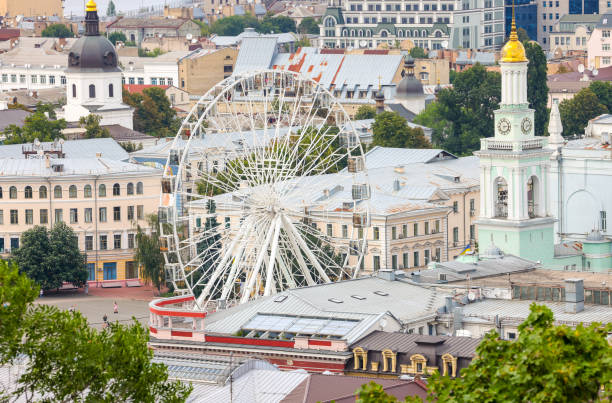 beautiful view of summer Kiev. Roofs of Podol and a view of the left bank stock photo