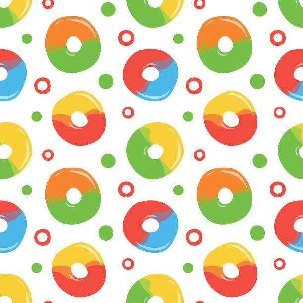 Colorful repetitive pattern background of gummy candies made of simple vector illustrations. Seamless pattern background made of simple vector illustrations of various gummy candies. candy chewy circle sour taste stock illustrations