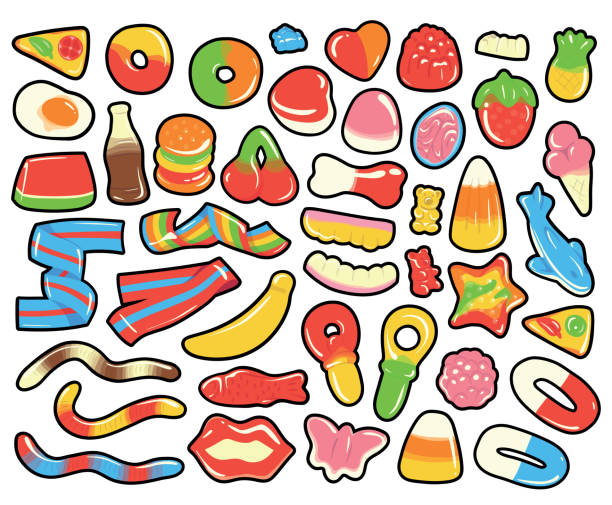 ilustrações de stock, clip art, desenhos animados e ícones de collection of colorful cartoon gummy and jelly candies. isolated hand drawn vector illustrations. - heart shape snack dessert symbol