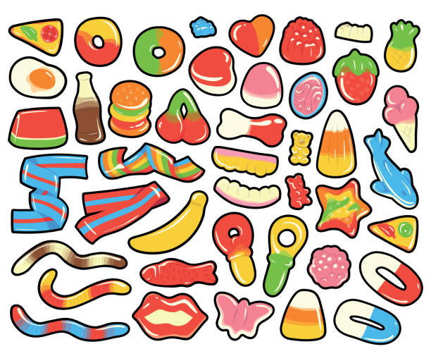 Collection of colorful cartoon gummy and jelly candies. Isolated hand drawn vector illustrations. Set of various sweet colorful cartoon gummy and jelly candies. Isolated hand drawn vector illustrations. cartoon of fish with lips stock illustrations