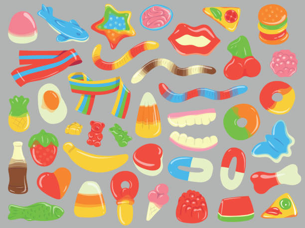 Collection of colorful cartoon gummy and jelly candies. Isolated hand drawn vector illustrations. Set of various sweet colorful cartoon gummy and jelly candies. Isolated hand drawn vector illustrations. cartoon of fish with lips stock illustrations