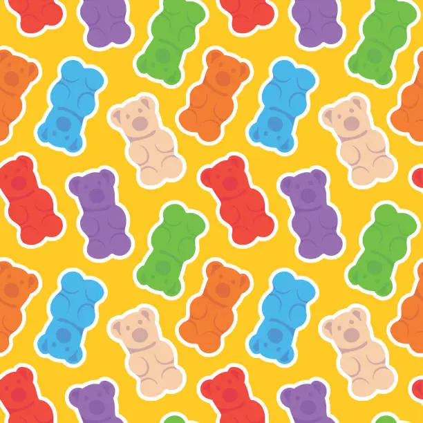 Vector illustration of Colorful repetitive pattern background of gummy candies in a shape of bears made of simple vector illustrations.