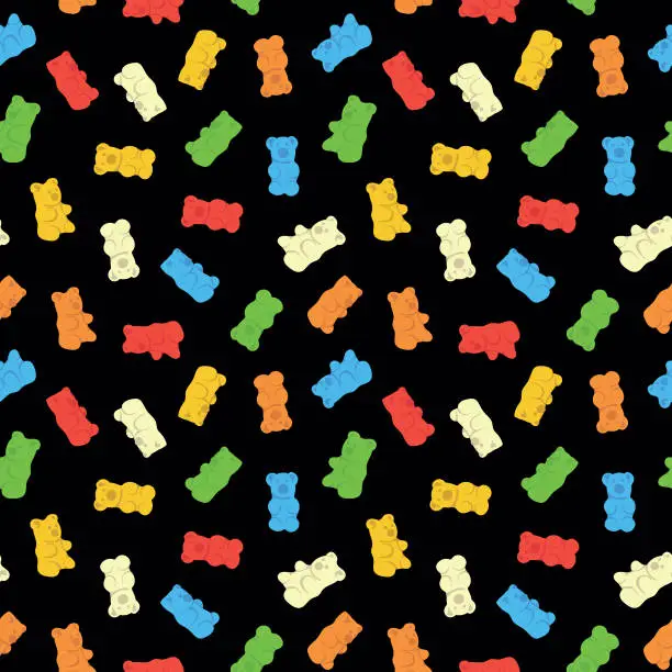 Vector illustration of Colorful repetitive pattern background of gummy candies in a shape of bears made of simple vector illustrations.