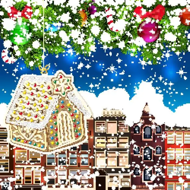 Vector illustration of Gingerbread haus on the background of snow-covered streets. New Year design background. Falling snow.  Holiday illustration with place for text.