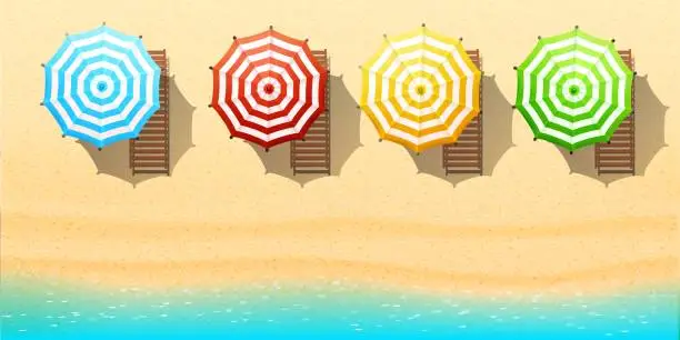 Vector illustration of Aerial top view on the beach. Umbrellas, sunbeds, sand and ocean.