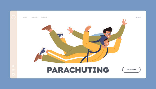 ilustrações de stock, clip art, desenhos animados e ícones de parachuting landing page template. skydiving, extreme paragliding activities, sport recreation. skydivers with parachute - skydiving tandem parachute parachuting