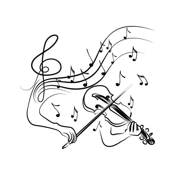 Vector illustration of Concept of inspired violin playing, hand-drawn doodle. Melody. Classical. Flying notes. Music. Inspiration. Ecstasy. Talent. Isolated vector illustration on white background.