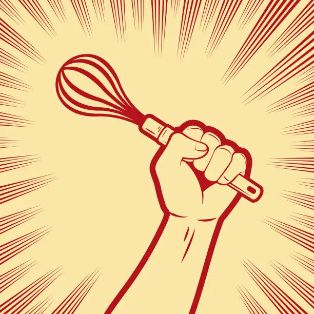 Vector illustration of One strong fist holding a wire whisk or egg beater