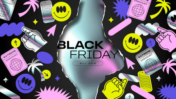 Online black friday sale template with holographic sticker Online black friday sale web template with trendy 90s style holographic sticker decoration. Modern iridescent y2k business discount design. Internet landing page background for special promotion. holographic stock illustrations