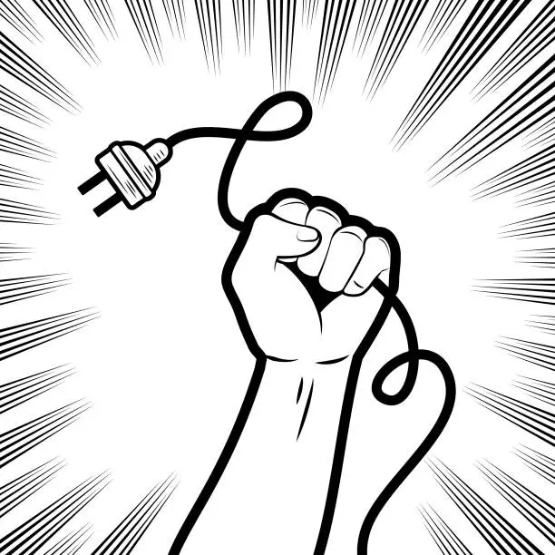 Vector illustration of One strong fist holding an electric plug