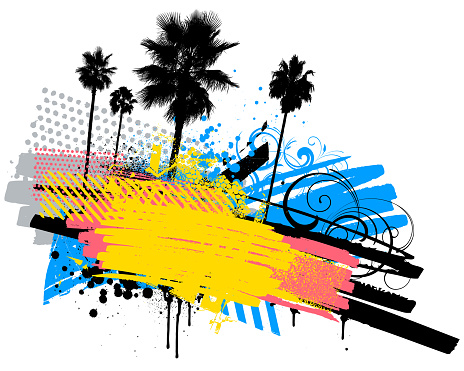 Modern black blue pink colored grunge vector design with palm trees and urban textures