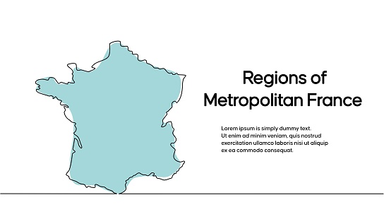 Continuous one line drawing of map of France. white background map for Education, Travel across cities in France, infographics, Science, Web Presentation isolated on white background