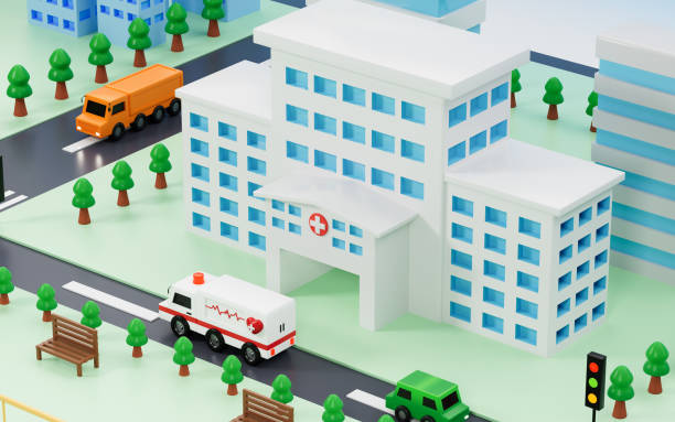 istock Hospital building and urban roads background, 3d rendering. 1415090973