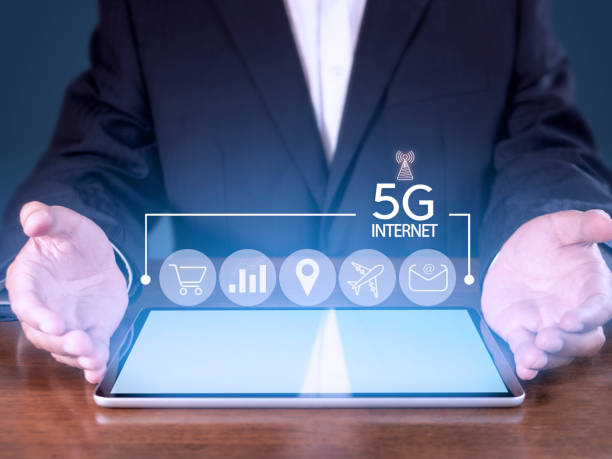 istock Business network communication concept. 5G Network Internet Mobile Wireless. 5g internet connects all activities in your hands shopping, finance, travel, location, contact, etc with copy space banner 1415093825