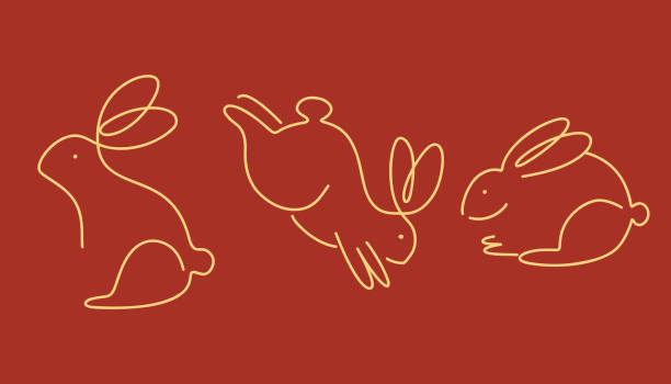 ilustraciones, imágenes clip art, dibujos animados e iconos de stock de conjunto de conejo chino. animal dorado tradicional del zodiaco de año nuevo, nubes y flores, silueta de conejito dorado sobre fondo rojo, horóscopo 2023, elementos de decoración. calendario lunar asiático, ilustración vectorial - conejo