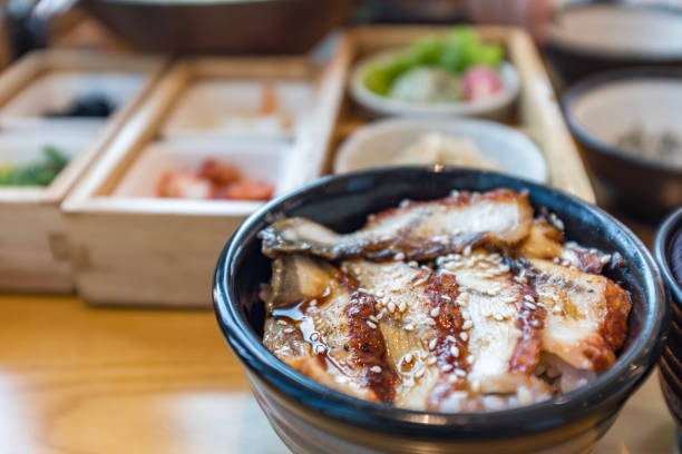 unagidonburi, unadon, japanischer gegrillter aalreis - brown rice cooked rice steamed stock-fotos und bilder