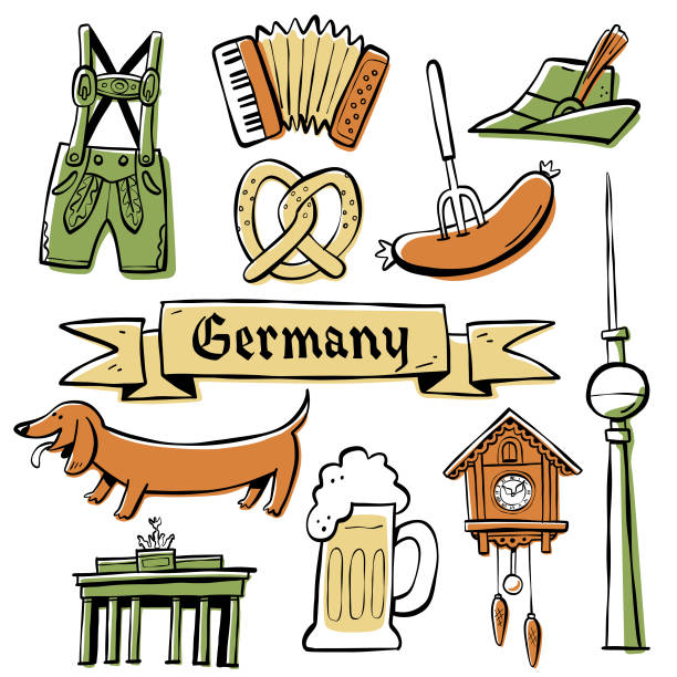 illustrazioni stock, clip art, cartoni animati e icone di tendenza di germania doodle icone - leder hosen