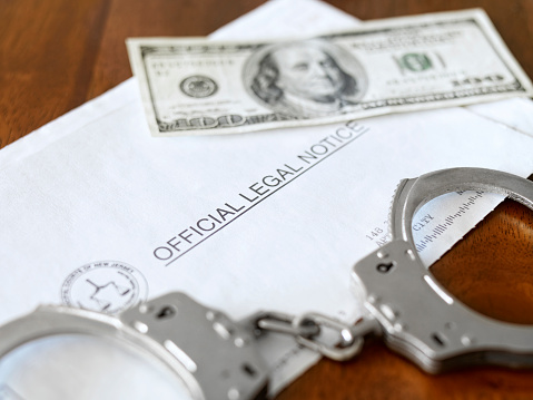 Handcuffs and dollar bills on top of a legal notice envelope