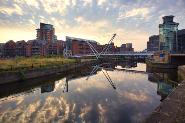 istock Knight's Way bridge reflected in River Aire, Leeds, West Yorkshire, England, Britain 1415096623