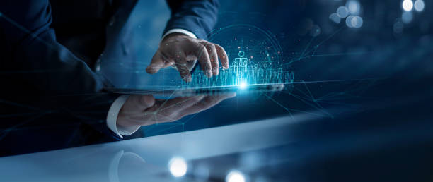 istock Businessman hold tablet on network structure HR technology - Human resources. Business leadership concept. Management and recruitment. Employment. Social network. Different people. 1415100992