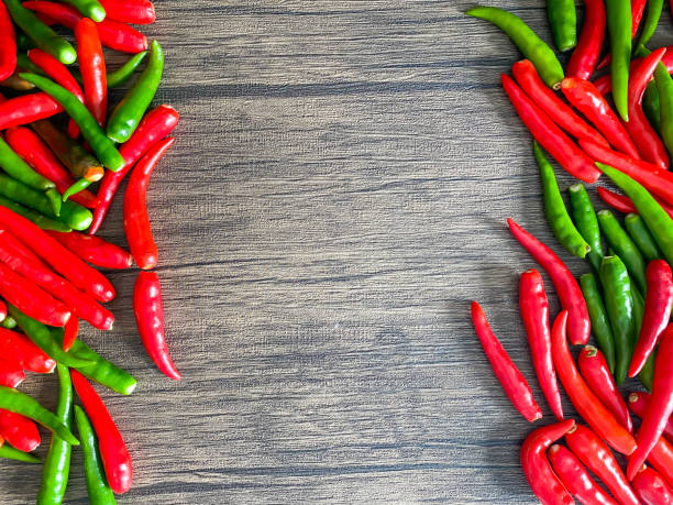 istock Fresh red chili and space for text on wooden background 1415101684