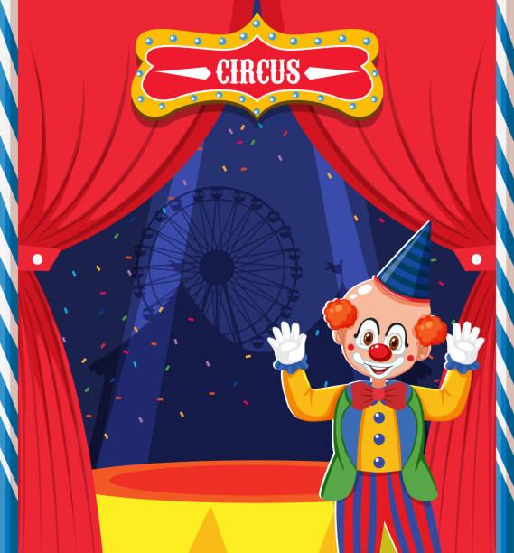 illustrazioni stock, clip art, cartoni animati e icone di tendenza di personaggio dei cartoni animati clown sul palco - curtain red color image clown