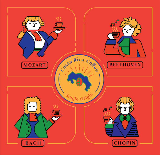 ilustrações, clipart, desenhos animados e ícones de linha de cores da série músico de café da costa rica - frederic chopin