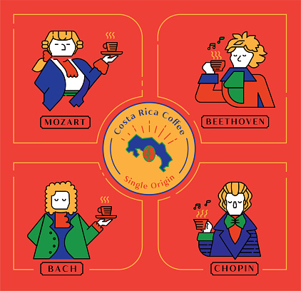 Costa Rica Coffee Musician Series color line with classic musician Mozart, Beethoven, Bach and Chopin serving hot coffee