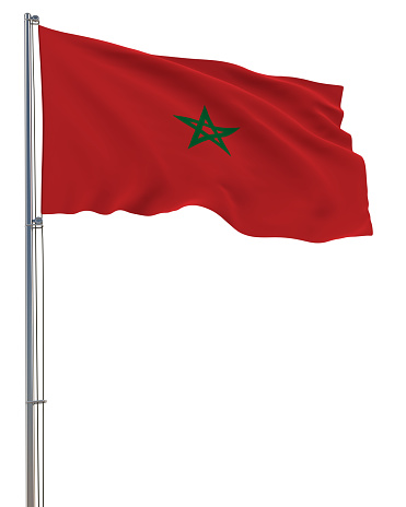 Morocco flag waving in the wind, white background, realistic 3D rendering image