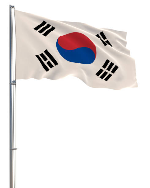 바람에 흔들리는 한국 국기, 흰색 배경, 사실적인 3d 렌더링 - 태극기 뉴스  사진 이미지