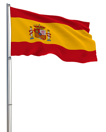 Spain flag waving in the wind, white background, realistic 3D rendering image