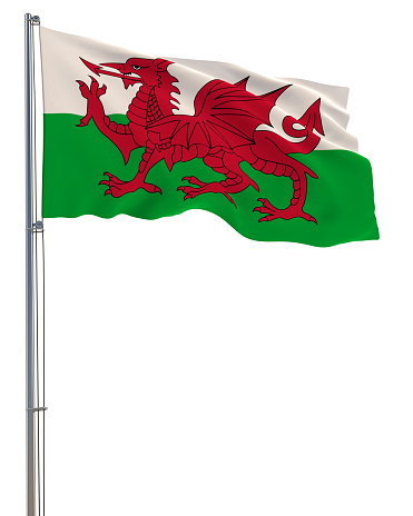 Wales flag waving in the wind, white background, realistic 3D rendering image
