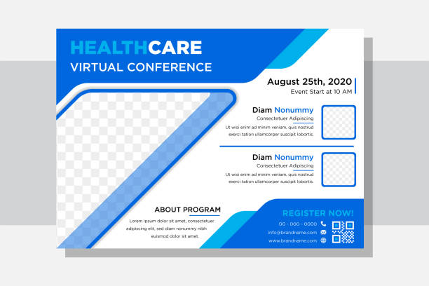 healthcare virtual conference flyer design template in horizontal layout with blue colors virtual conference of Medical treatment Flyer Vector Template with blue element design and white background. Healthcare clinic Poster and Brochure Cover. diagonal space for photo. horizontal layout. blue powerpoint template stock illustrations