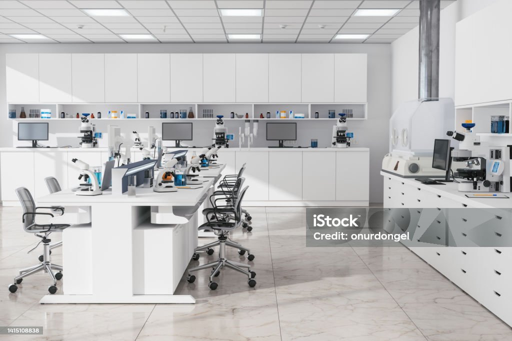 Single Computer Stock Image Lab Modern Empty Science Laboratory With Computers Microscopes Test Tubes ...
