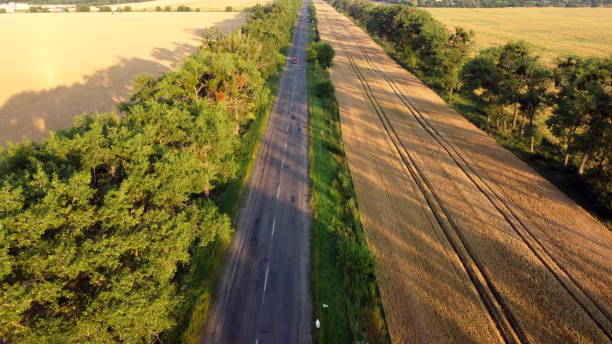 istock Aerial drone view flight over highway wheat field and green trees at sunset dawn 1415109952