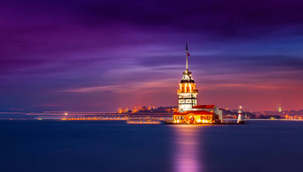 Fiery sunset over Bosphorus with famous Maiden's Tower (Kiz Kulesi) also known as Leander's Tower, symbol of Istanbul, Turkey. Scenic travel background for wallpaper or guide book Fiery sunset over Bosphorus with famous Maiden's Tower (Kiz Kulesi) also known as Leander's Tower, symbol of Istanbul, Turkey. Scenic travel background for wallpaper or guide book maiden stock pictures, royalty-free photos & images