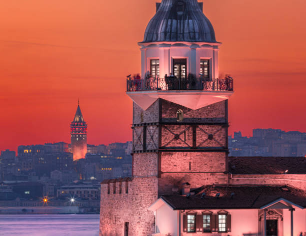 istock Fiery sunset over Bosphorus with famous Maiden's Tower (Kiz Kulesi) also known as Leander's Tower, symbol of Istanbul, Turkey. Scenic travel background for wallpaper or guide book 1415110213