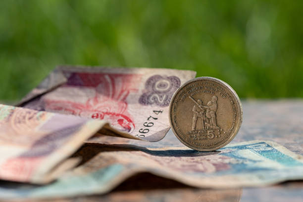 istock Sri Lankan old banknotes and an old 5 rupee coin 1415111017