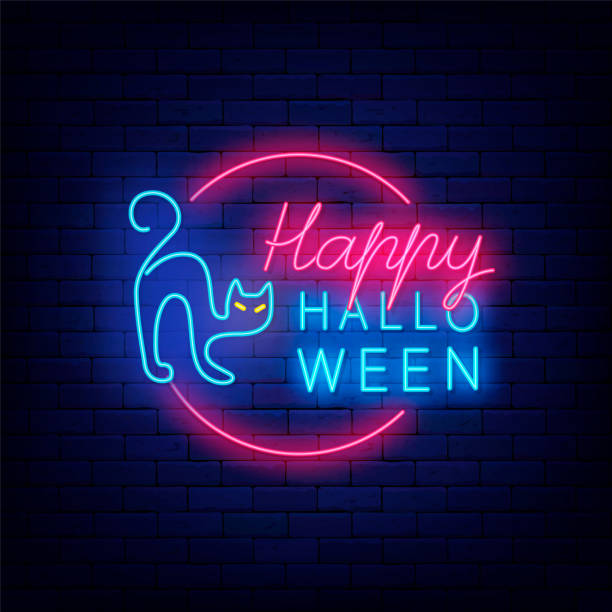 istock Happy Halloween neon label on brick wall. Blue witch cat in circle frame. Scary holiday emblem. Vector illustration 1415111845