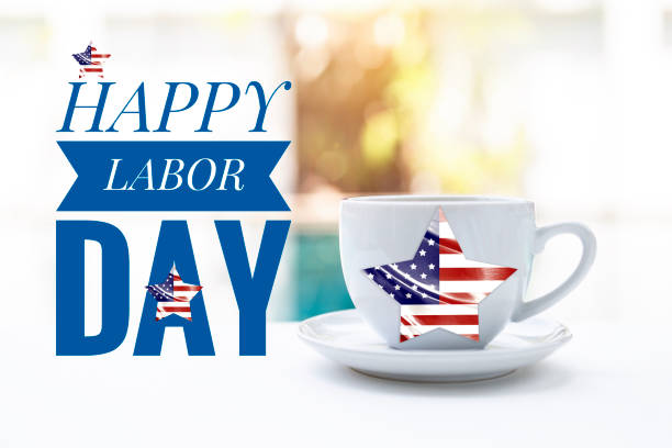 happy labor day banner with white ceramic coffee cup over blurred swimming pool background, staff holiday in america - photography starbucks flag sign imagens e fotografias de stock