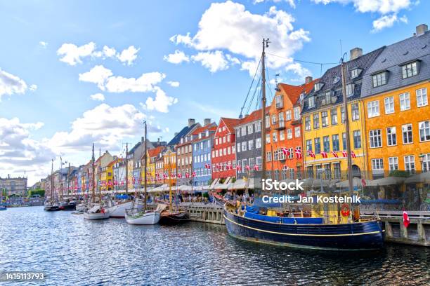 Nyhavn Copenhagen Canal Houses Denmark Europe Stock Photo - Download Image Now - Copenhagen, Nyhavn, Flag