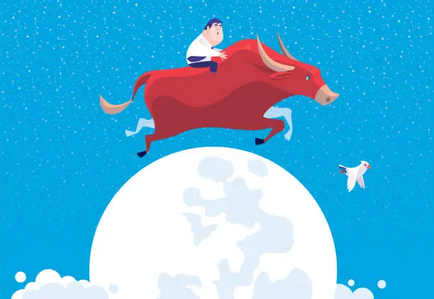 Vector illustration of businessman riding bull and jumping over moon
