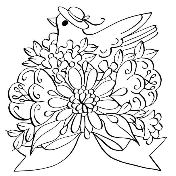 bird flowers decorative element black and white line art illustration vector art illustration