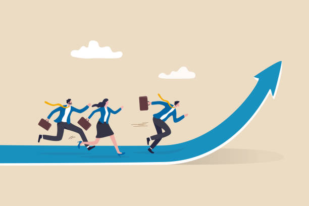 ilustraciones, imágenes clip art, dibujos animados e iconos de stock de estrategia de crecimiento, desarrollo de la trayectoria profesional o negocio en crecimiento, capacitación o mejora de los empleados, concepto de promoción laboral, empleados de empresarios que corren en la flecha de la trayectoria profesional en la dire - evaluación del desempeño