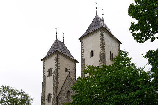 Medieval two towers St Mary's Church, Mariakirken, Bryggen area, Bergen, Norway Europe